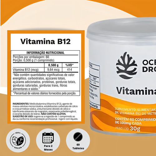 Vitamina B12 500mg 60 Tablets - Ocean Drop Sabor Sem sabor