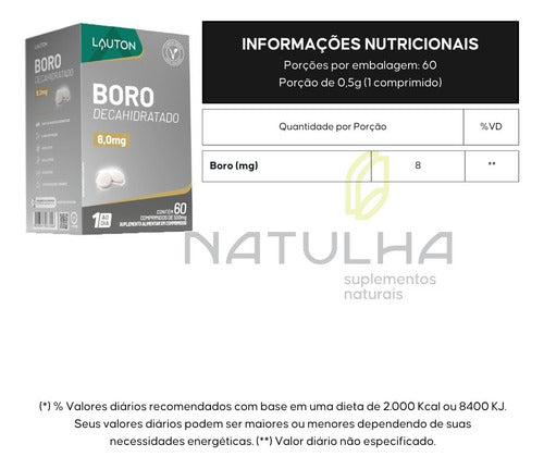 Boro Decahidratado 8,0mg - 60 Comprimidos Lauton Nutrition Sabor Sem sabor