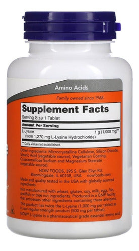Lisina 1000mg L-lysine 1000mg 100 Tabs - Now Foods Sabor Sem sabor