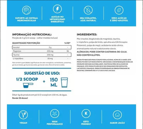 Blue Calm 250g - Triptofano + Mio-inositol - Pura Vida Sabor Limão, Camomila, Maracujá e Spirulina Azul