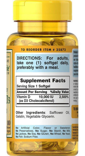 Vitamina D3 250mcg 10.000ui Puritan's Pride 100 Softgels Eua
