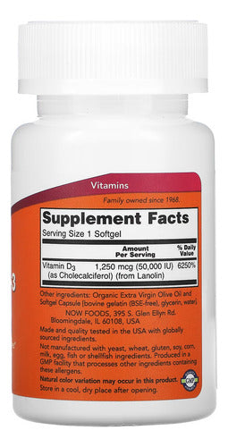 Vitamina D3 50.000 Ui Now Foods 50caps Softgels Sabor Sem sabor
