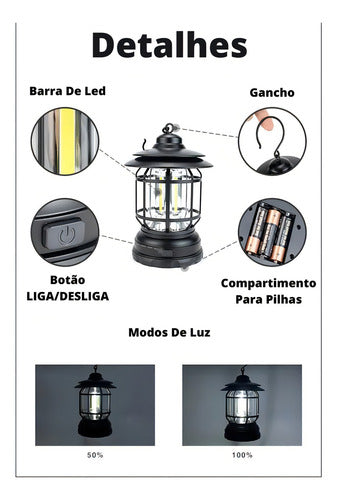 Lampião Lanterna Led Portátil De Camping Barraca Retro