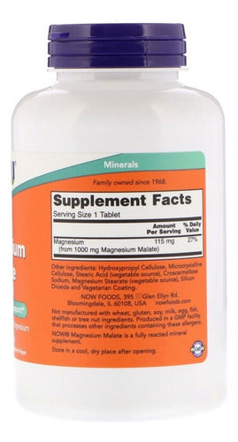 Magnésio Malato Now Foods 1000mg 180 tablets Magnesium Malate