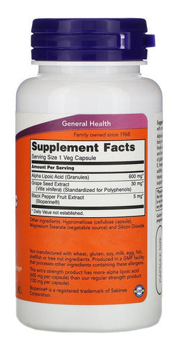 Acido Alpha Lipoico 600mg 60 Capsulas Now Foods Us
