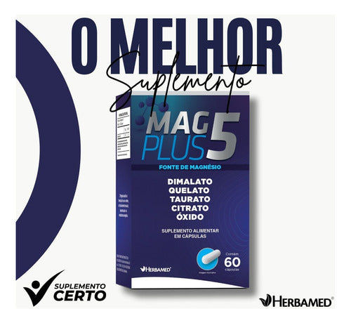 Mag Plus 5 60 Caps 550mg Magnésio Dimalato Quelato Herbamed Sabor Sem sabor