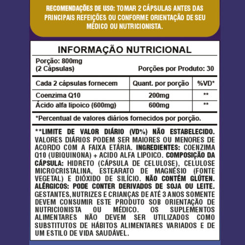 Coenzima Q10 + Ácido Alfa Lipóico 800mg 60 Cápsulas Sunfood