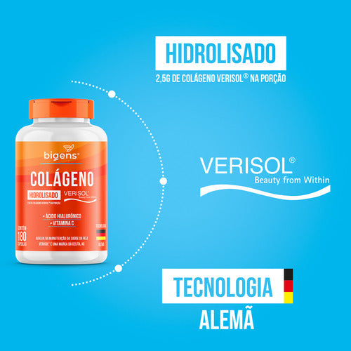 Colágeno VERISOL® Collagen Skin Hidrolisado + Ácido Hialuronico + Vitamina C | 180 Cápsulas | Bigens