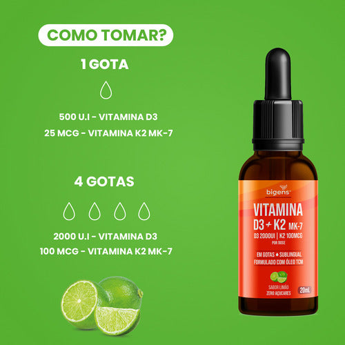 Vitamina D3 + K2 Mk-7, Em Gotas, Sublingual, D3 2000ui | K2 100mcg, Sabor Limão, 20ml, Bigens