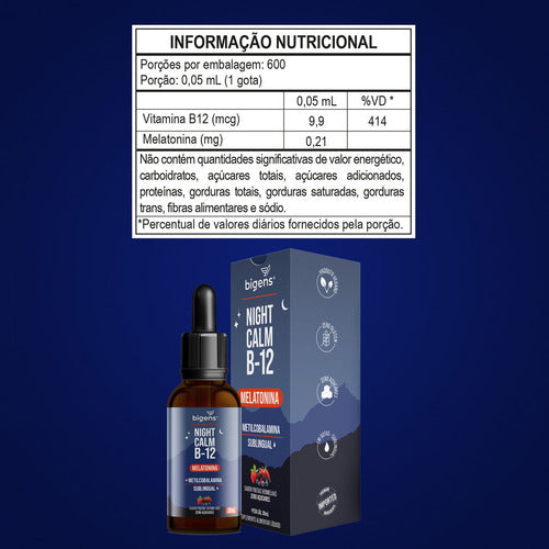 Night Calm B-12: Melatonina + Metilcobalamina 413% Vd Sublingual, Sabor Frutas Vermelhas | Bigens