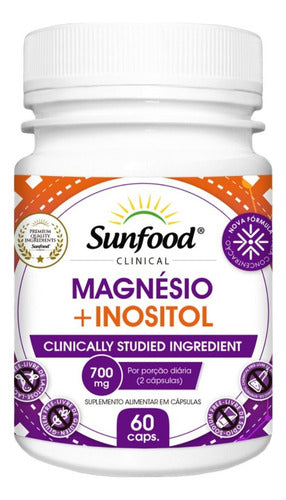 Magnésio + Inusitol 700mg 60cáps Sunfood Humor Estresse Sabor Neutro