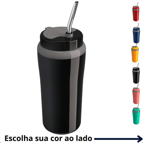 Copo Térmico Tererê 650ml Parede Dupla Tampa E Bomba Inox Cor Preto Preto