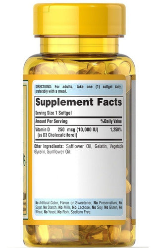 Vitamina D3 250mcg 10.000ui Puritan's Pride 100 Softgels Eua