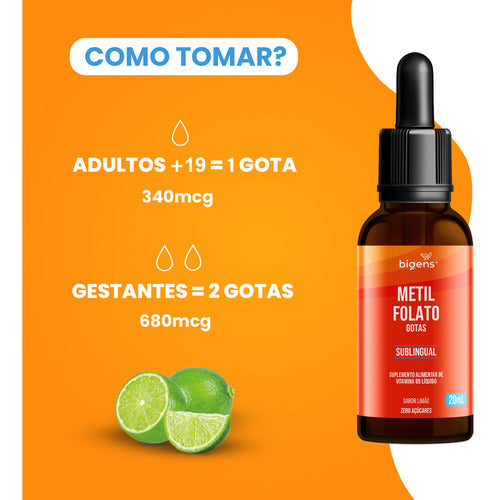 Metilfolato Vegan Vitamin Gotas Liquido, Sublingual, Ácido Fólico Ativo, Sabor Limão, 20 Ml, Bigens