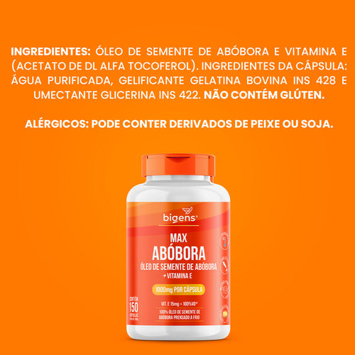 Max Abóbora, Óleo De Semente De Abóbora Com Vitamina E, 1000mg, Prensado A Frio, 150 Cápsulas, Bigens
