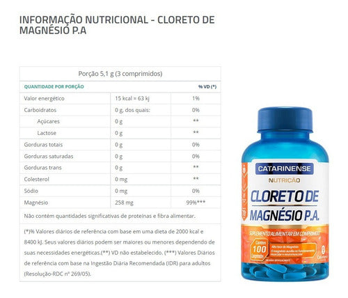 Suplemento Em Comprimidos Catarinense Pharma Cloreto De Magnésio Em Pote 100 Un