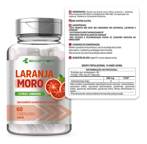 Laranja Moro Puro 500mg 60 Cápsulas - Ecomev Sabor Sem Sabor