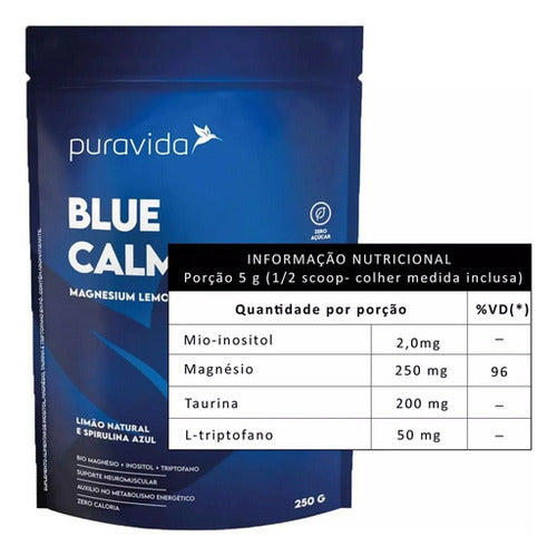 Blue Calm 250g - Triptofano + Mio-inositol - Pura Vida Sabor Limão, Camomila, Maracujá e Spirulina Azul