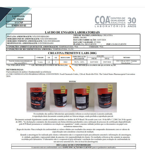 Creatina 100% pura 300g Monohidratada e Micronizada Em Pó Sem Sabor - Primitive Labs