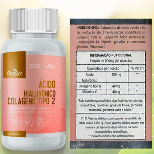 Ácido Hialurônico + Colágeno Tipo 2 100 Cápsulas Denature Sabor Natural