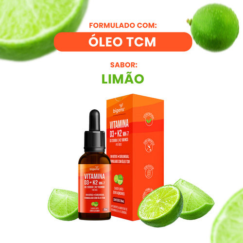 Vitamina D3 + K2 Mk-7, Em Gotas, Sublingual, D3 2000ui | K2 100mcg, Sabor Limão, 20ml, Bigens