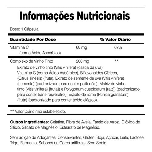 Suplemento Alimentar de Extrato de Uva Resveratrol Red Wine90 cápsulas