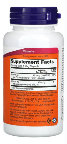 Vitamina D3 K2 Now Foods Concentrado 1000 Ui 120 C Sabor Natural