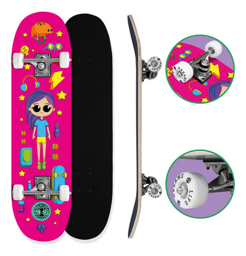 Skate Rosa Feminino Menina Infantil Criança Iniciante Montado 70kg Street Cute Doll Life Dreams