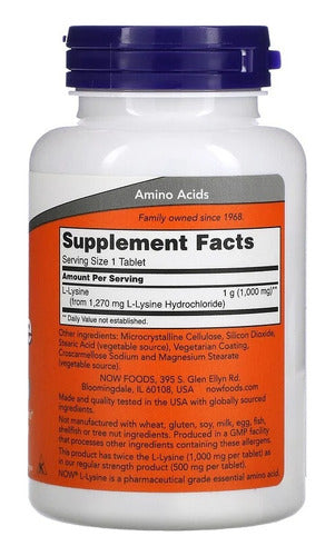 Lisina 1000 Mg Now Foods L Lysine 100 Tabletes Sabor Sem sabor