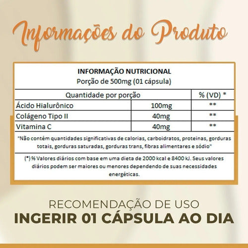 Ácido Hialurônico + Colágeno Tipo 2 100 Cápsulas Denature Sabor Natural