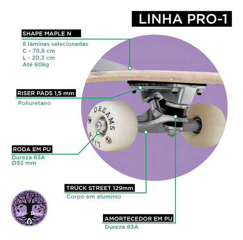 Skate Montado Completo Street Semi Profissional PRO-1 Maple Azul Astronauta 100KG Life Dreams