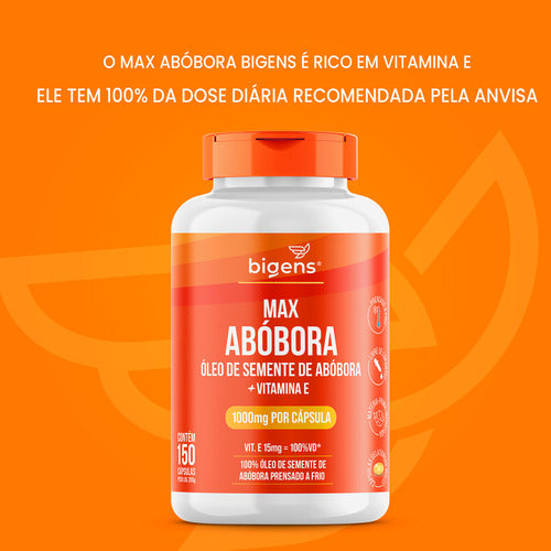 Max Abóbora, Óleo De Semente De Abóbora Com Vitamina E, 1000mg, Prensado A Frio, 150 Cápsulas, Bigens