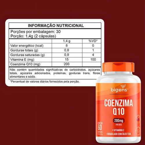 Coenzima Q10 200mg Com Vitamina E 10mg, 60 Cáps, Bigens Sabor Neutro