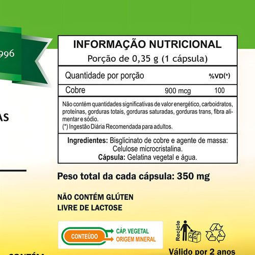 Cobre Quelato 900 Mcg Unilife Mineral 60 Cápsulas Sabor Sem sabor