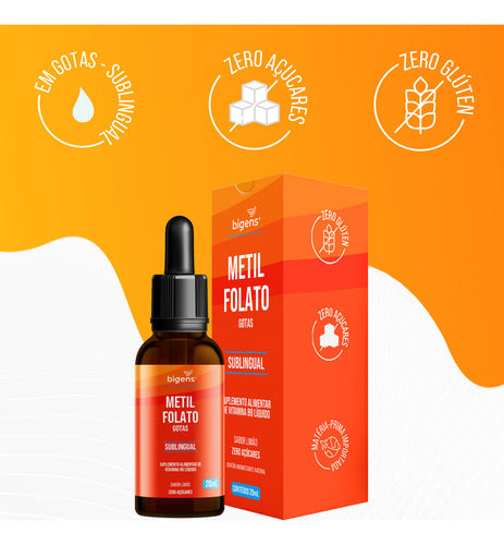 Metilfolato Vegan Vitamin Gotas Liquido, Sublingual, Ácido Fólico Ativo, Sabor Limão, 20 Ml, Bigens