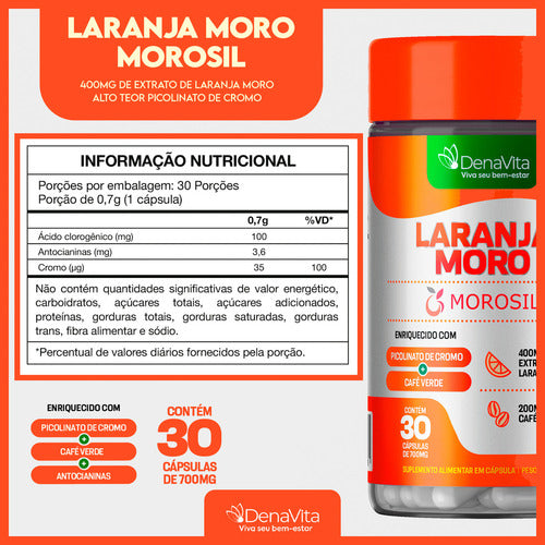 Laranja Moro + Cromo + Café Verde - Denavita Sabor Extrato De Laranja Moro 30 Cápsulas