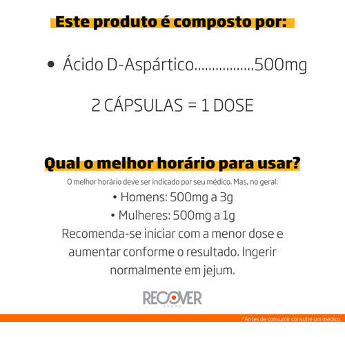 Ácido D-aspártico 500mg - 60 Cápsulas (30 Doses) Sabor Without Flavor