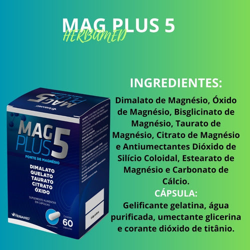 Mag Plus 5 60 Caps 550mg Magnésio Dimalato Quelato Herbamed Sabor Sem sabor