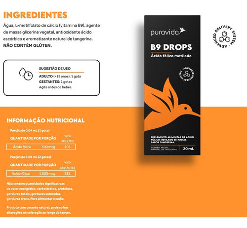 B9 Drops Ácido Fólico Metilado - Puravida - Vitamina 20ml Sabor Tangerina