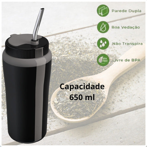 Copo Térmico Tererê 650ml Parede Dupla Tampa E Bomba Inox Cor Preto Preto