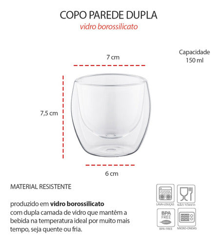 Copo Vidro Borossilicato 150ml Parede Dupla Mantem Calor 2un