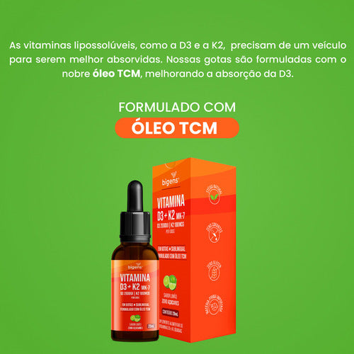 Vitamina D3 + K2 Mk-7, Em Gotas, Sublingual, D3 2000ui | K2 100mcg, Sabor Limão, 20ml, Bigens