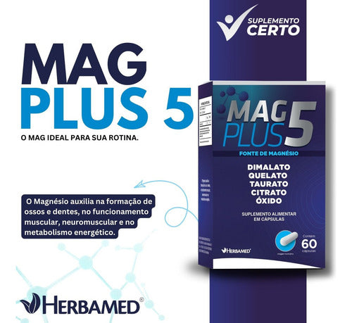 Mag Plus 5 60 Caps 550mg Magnésio Dimalato Quelato Herbamed Sabor Sem sabor