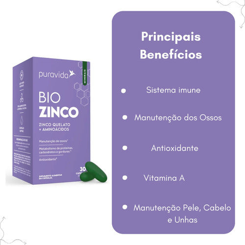 Bio Zinco Pura Vida - Zinco Quelado + Aminoácidos - 30 Caps Sabor Sem Sabor
