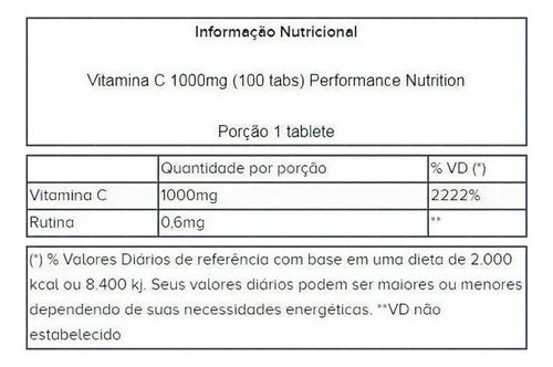 Vitamina C 1000mg Rutina 0,6mg Performance Nutrition 100tab