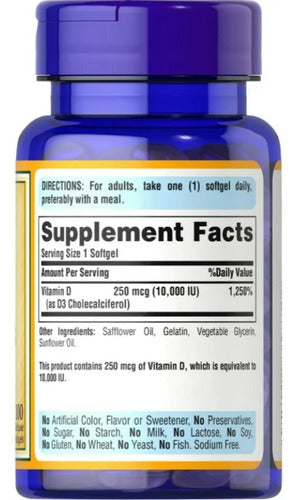 Vitamina D3 250mcg 10.000ui Puritan's Pride 100 Softgels Eua