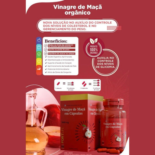 Vinagre De Maça Em Cápsulas 1000mg Fortlife 100% Orgânico Sabor Sem Sabor
