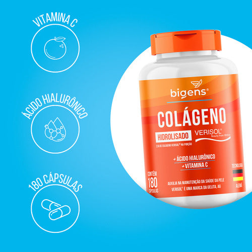 Colágeno VERISOL® Collagen Skin Hidrolisado + Ácido Hialuronico + Vitamina C | 180 Cápsulas | Bigens