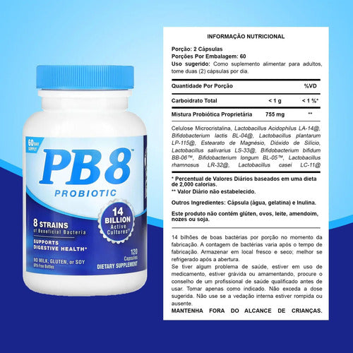 Suplemento Pb8 - 14 Bilhões Mistura Probiótica 120 Cápsulas