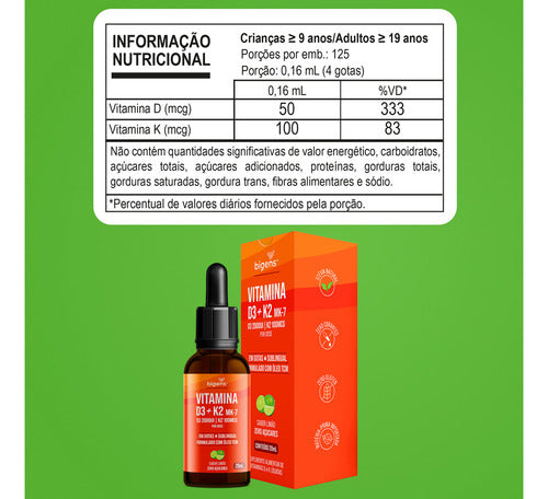 Vitamina D3 + K2 Mk-7, Em Gotas, Sublingual, D3 2000ui | K2 100mcg, Sabor Limão, 20ml, Bigens